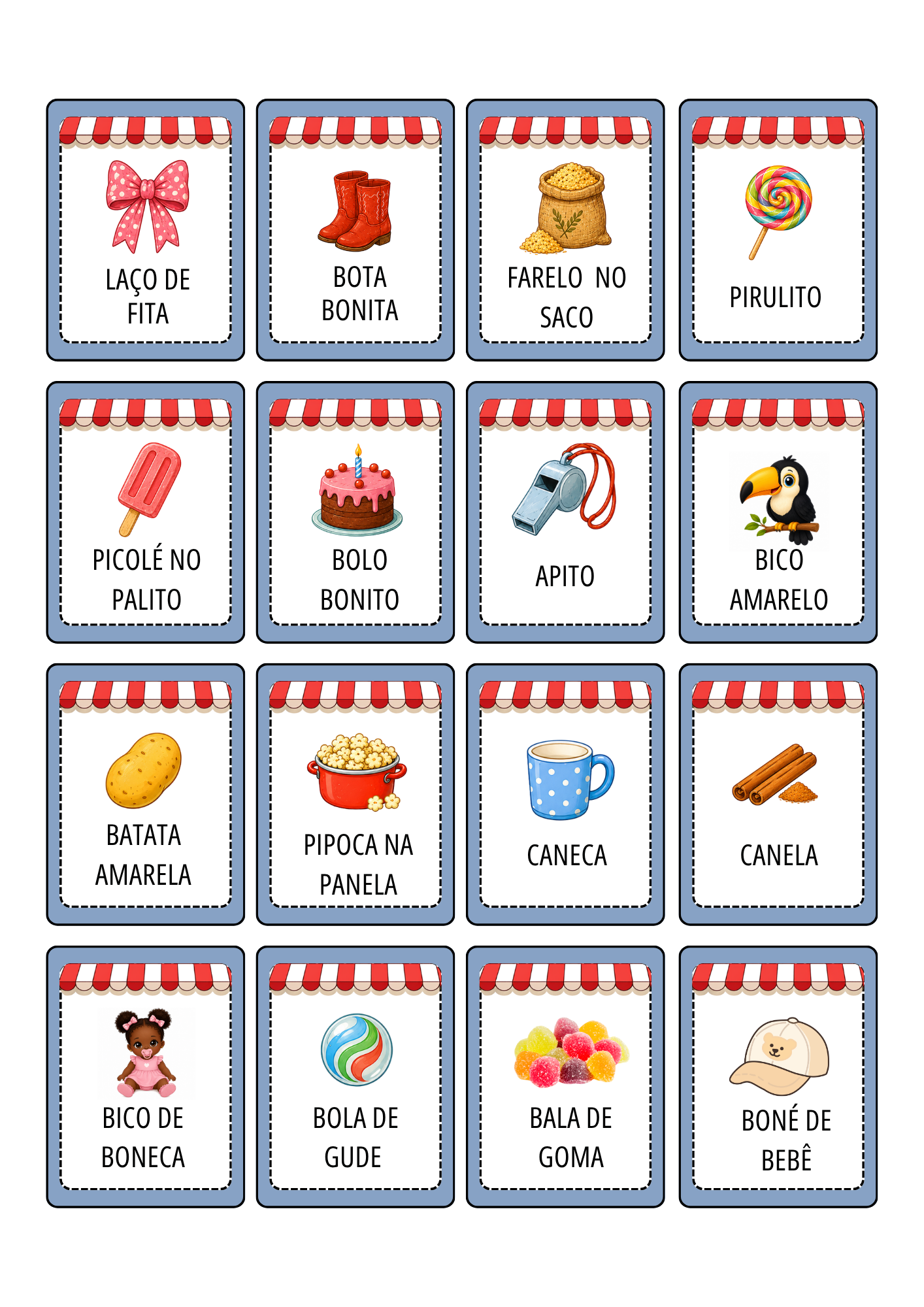Cartões ilustrados com os nomes dos produtos da loja
