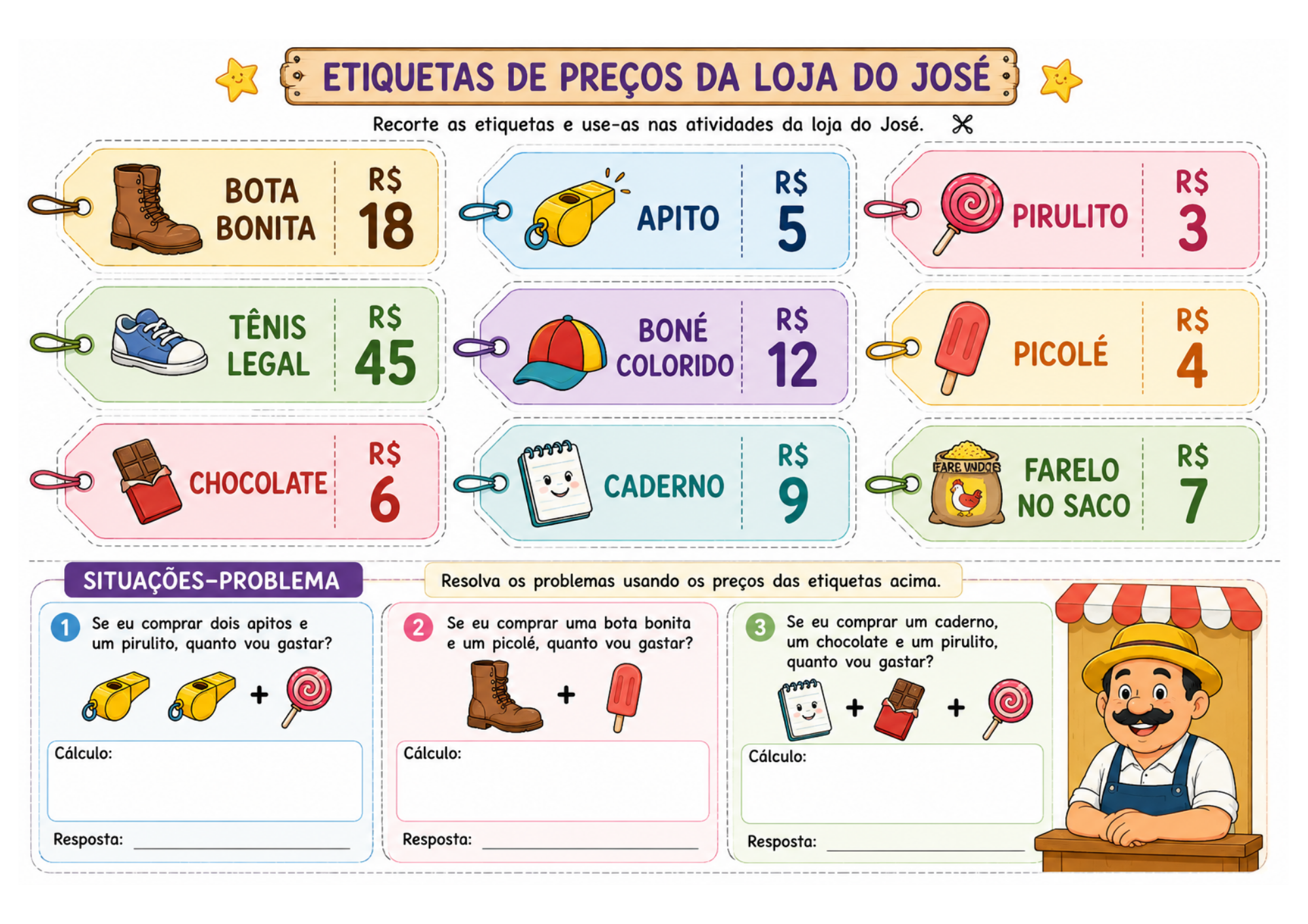 Etiquetas de preços e situações-problema da loja do José