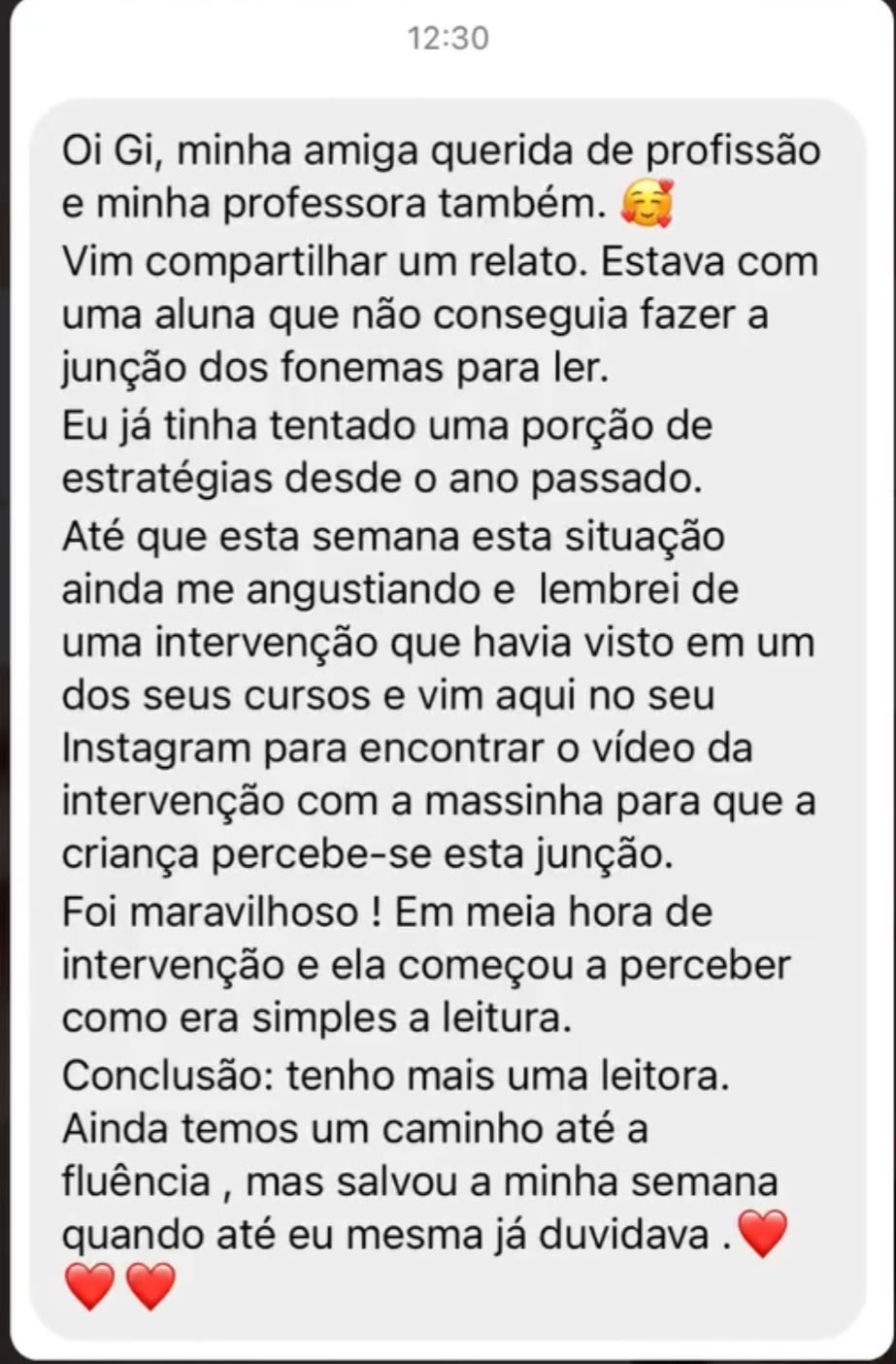 Depoimento sobre intervenção que ajudou aluna a ler