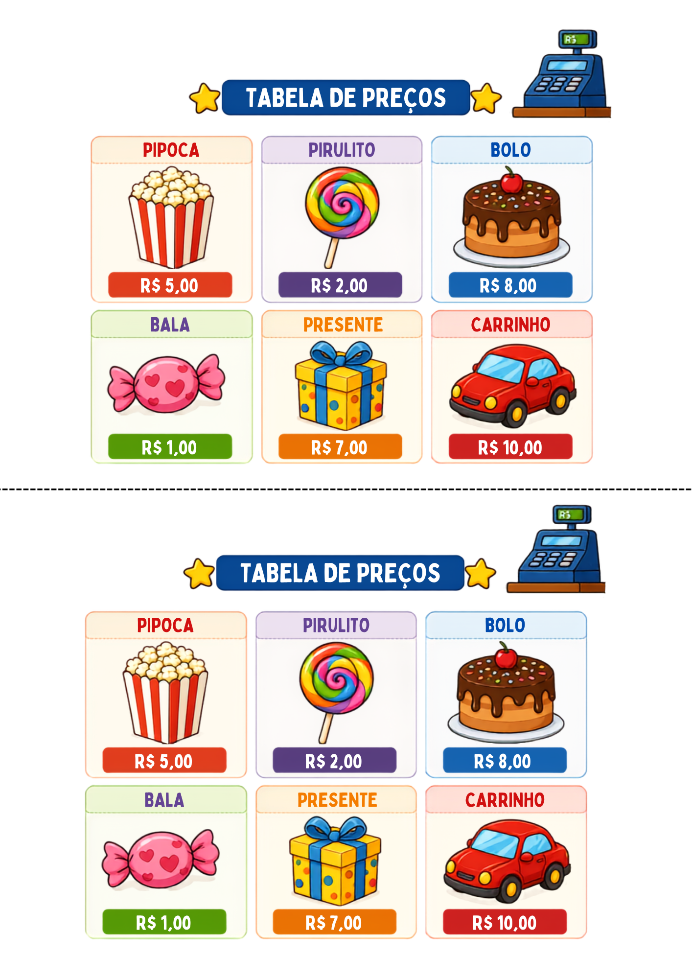 Tabela de preços colorida dos produtos da loja