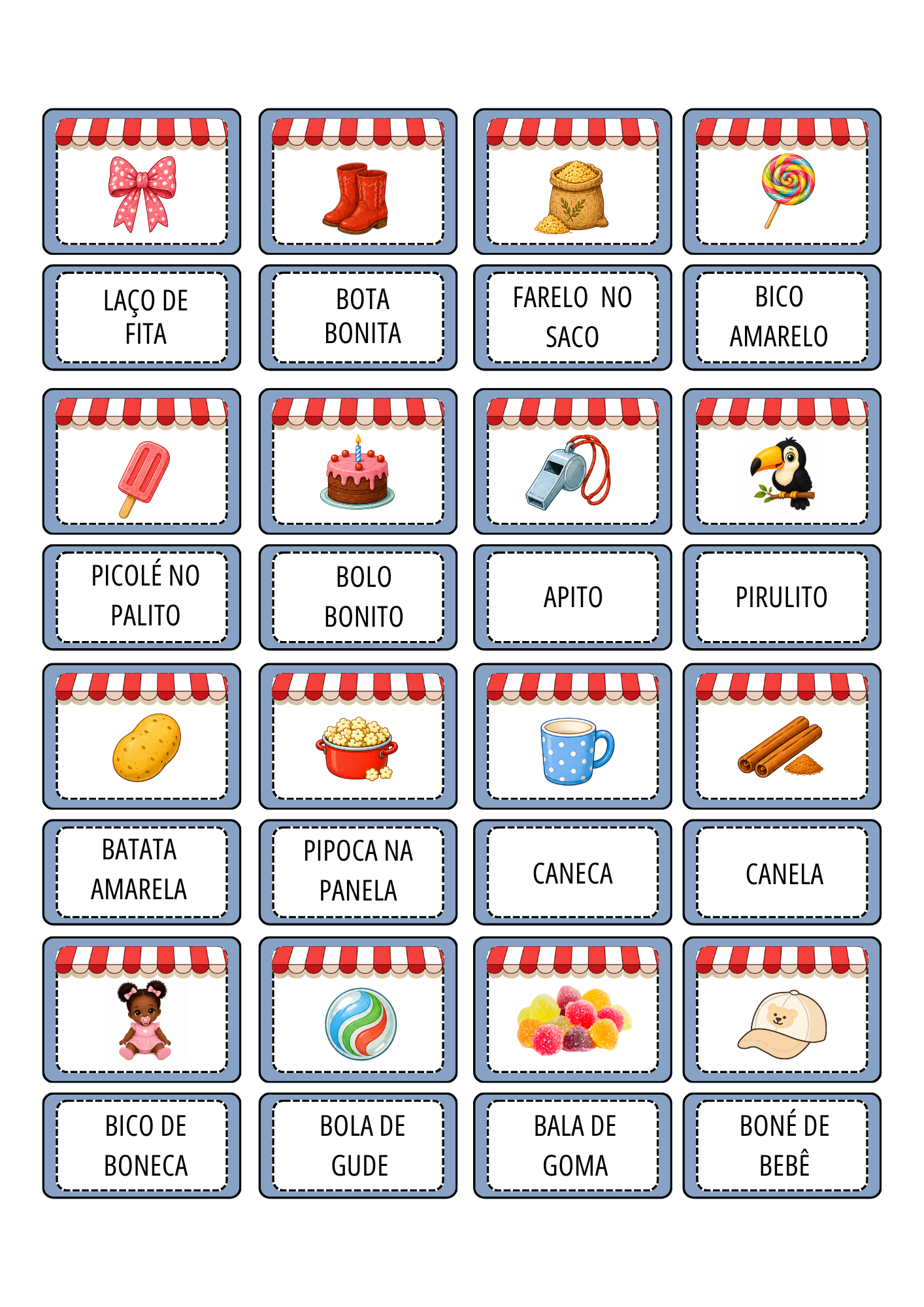 Cartões ilustrados com nomes dos produtos da loja