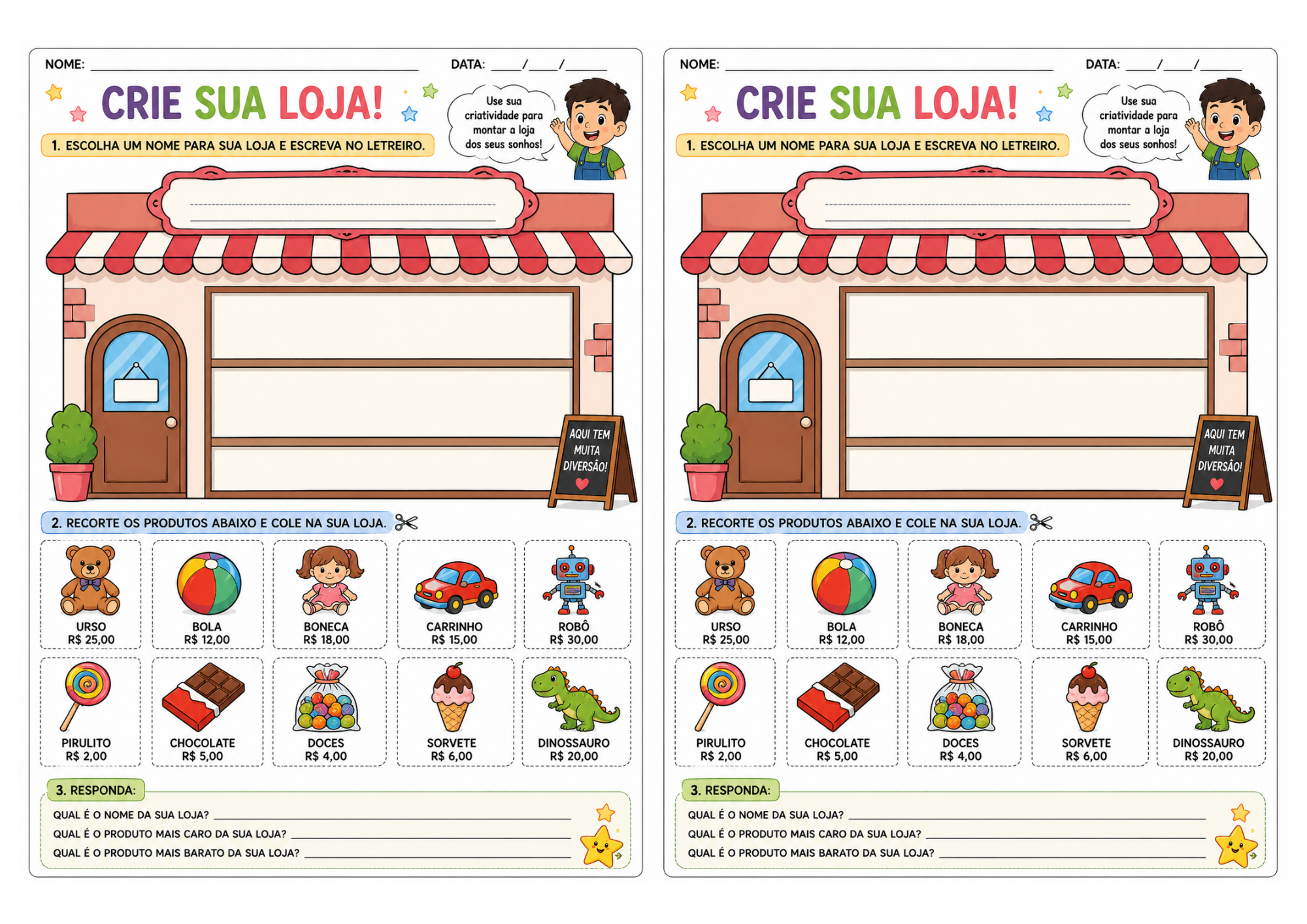 Atividade “Crie sua loja” com recorte e cole