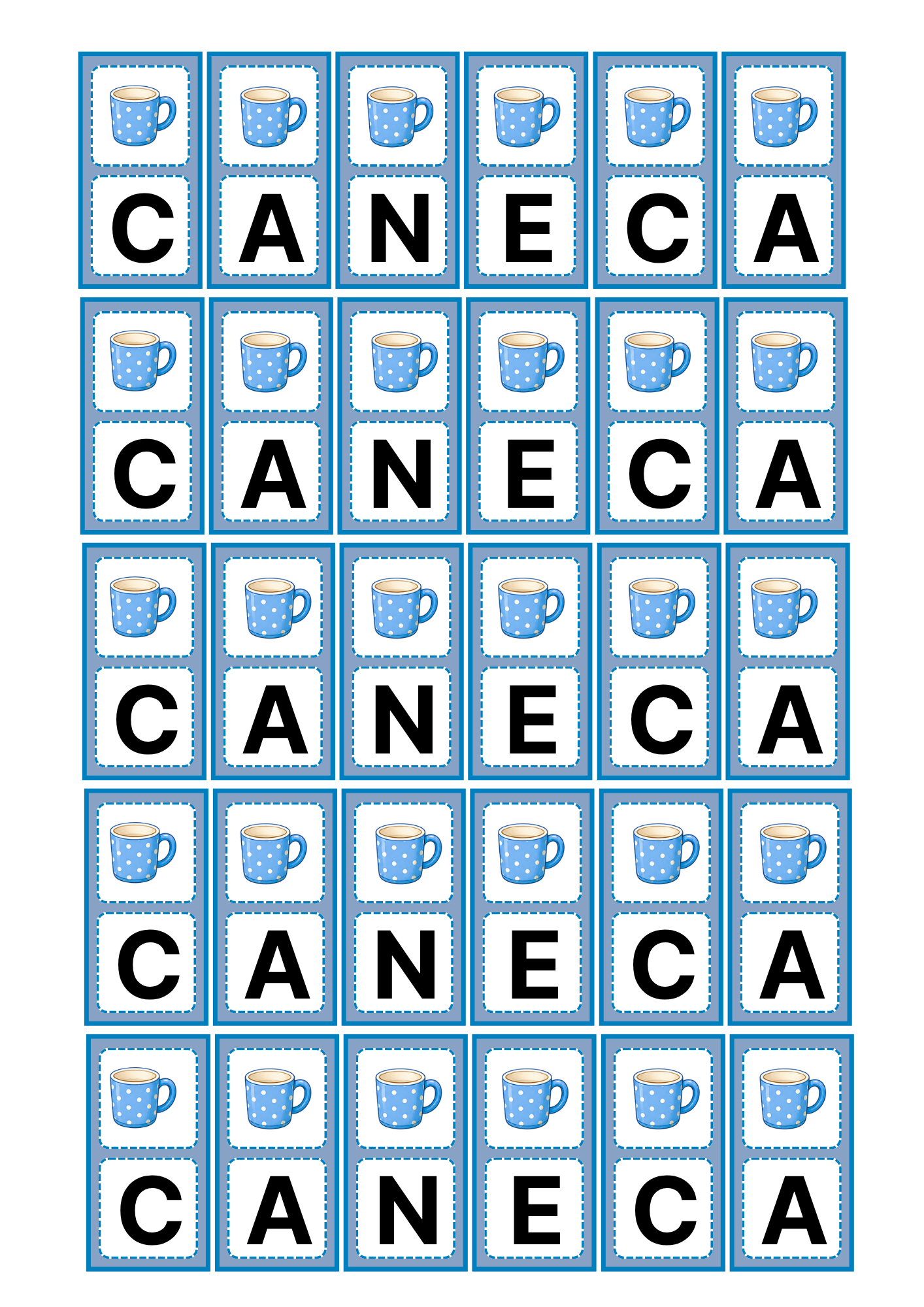 Cartelas de letras para montar a palavra CANECA