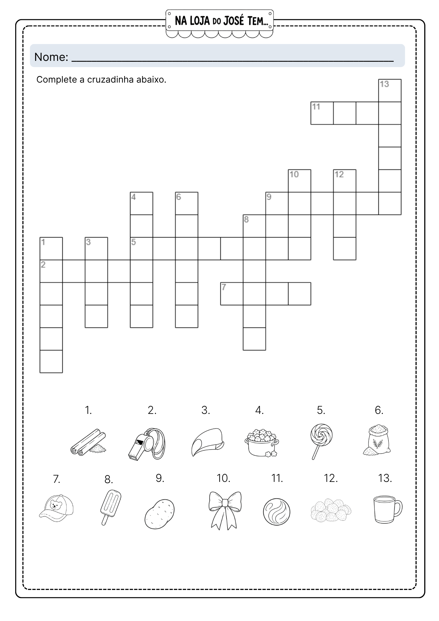 Cruzadinha ilustrada com as palavras da loja